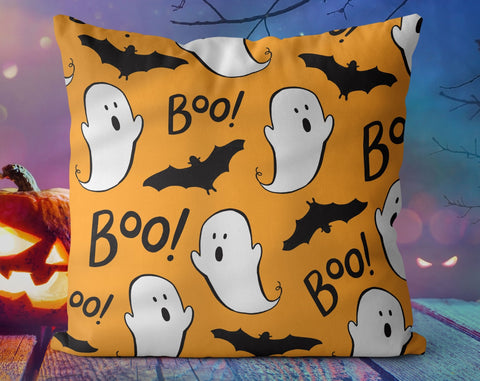 Halloween Boo Ghosts and Bats Orange Pillow Throw Cover with Insert - Cush Potato Pillows