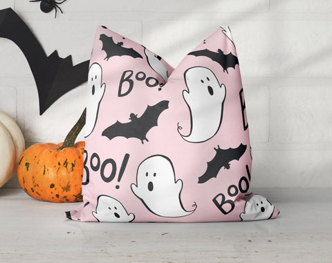 Halloween Boo Ghosts and Bats Pink Pillow Throw Cover with Insert - Cush Potato Pillows