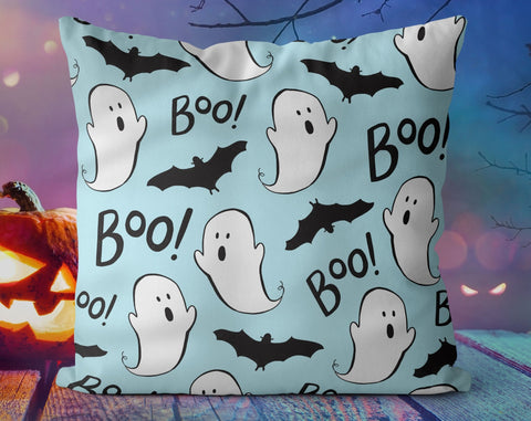 Halloween Boo Ghosts Bats Blue Pillow Throw Cover - Cush Potato Pillows