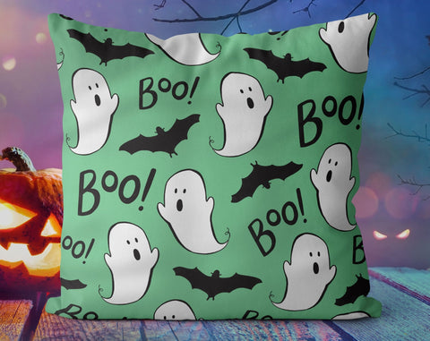 Halloween Boo Ghosts Bats Green Pillow Throw Cover - Cush Potato Pillows