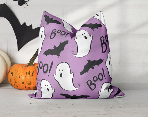 Halloween Boo Ghosts Bats Purple Pillow Throw Cover - Cush Potato Pillows