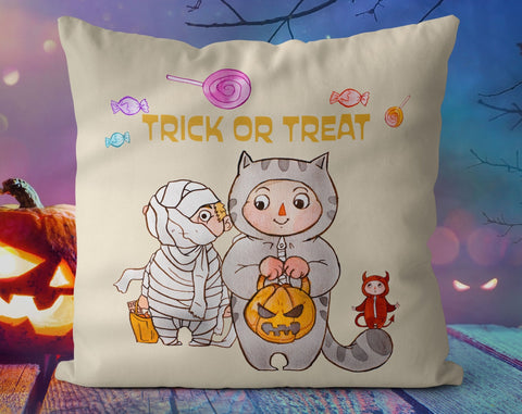 Halloween Cat Mummy Devil Costume Trick or Treat Orange Square Pillow with Cover Throw with Insert - Cush Potato Pillows