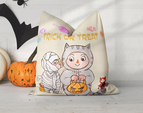 Halloween Cat Mummy Devil Costume Trick or Treat Orange Square Pillow with Cover Throw with Insert - Cush Potato Pillows