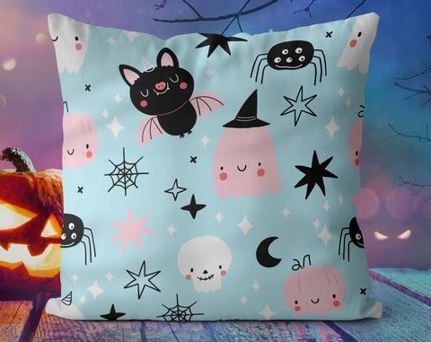Halloween Cute Bats and Ghost Witches Blue Pillow Throw Cover - Cush Potato Pillows