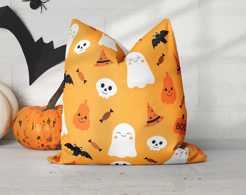 Halloween Cute Bats and Ghost Witches Orange Pillow Throw Cover - Cush Potato Pillows