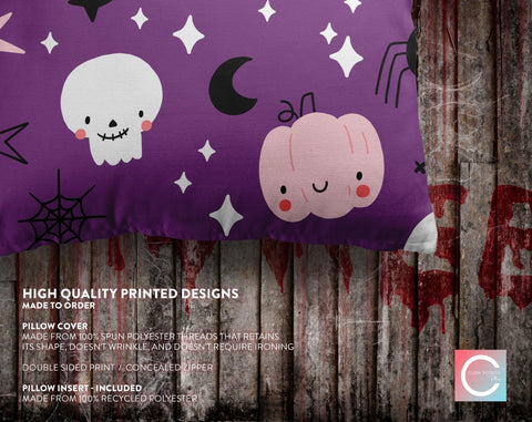 Halloween Cute Bats and Ghost Witches Purple Pillow Throw Cover - Cush Potato Pillows