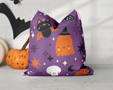 Halloween Cute Bats and Ghost Witches Purple Pillow Throw Cover - Cush Potato Pillows
