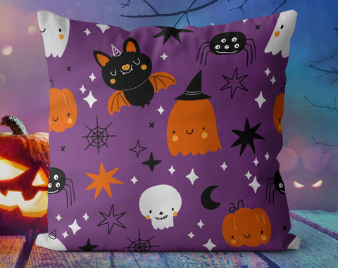 Halloween Cute Bats and Ghost Witches Purple Pillow Throw Cover - Cush Potato Pillows