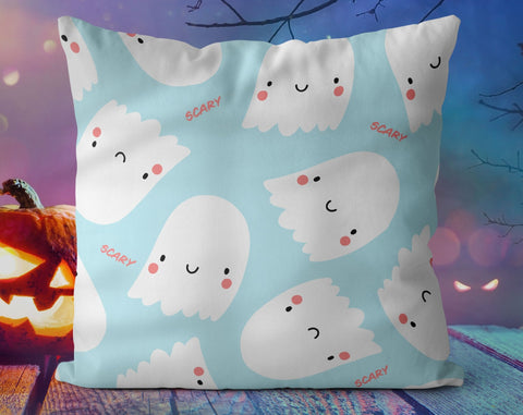 Halloween Cute Scary Ghosts Blue Pillow Throw Cover - Cush Potato Pillows