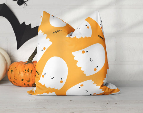 Halloween Cute Scary Ghosts Orange Pillow Throw Cover - Cush Potato Pillows