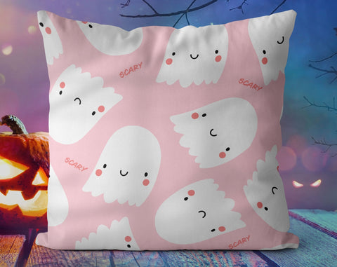 Halloween Cute Scary Ghosts Pink Pillow Throw Cover - Cush Potato Pillows