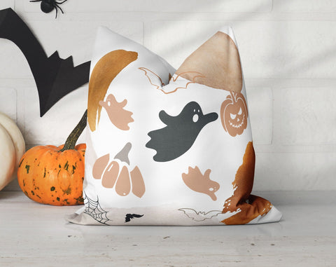 Halloween Ghosts Bats Jack O'lantern Brush Orange Square Pillow Cover Throw with Insert with Insert - Cush Potato Pillows