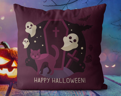 Halloween Ghosts Cat jack o'lantern Purple Magenta Orange Square Pillow Cover Throw with Insert - Cush Potato Pillows