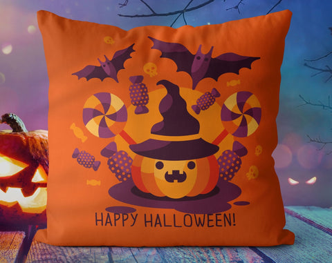 Halloween Ghosts Cat jack o'lantern Purple Magenta Orange Square Pillow Cover Throw with Insert - Cush Potato Pillows