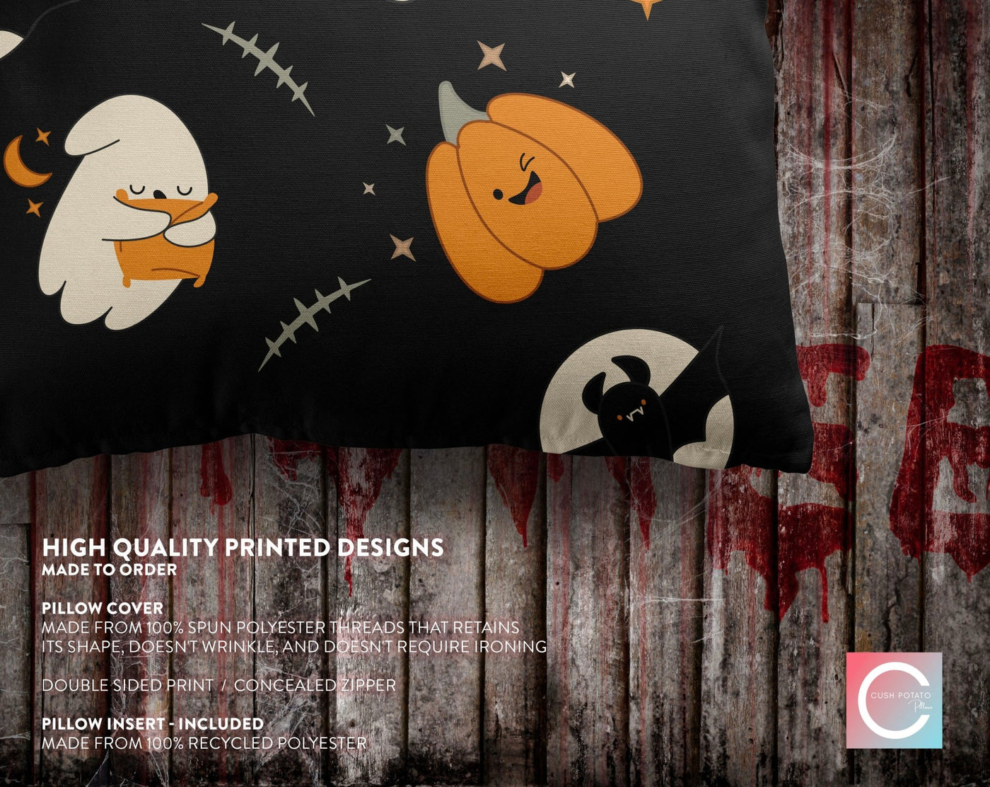 Halloween Jack O'lantern and Bats Dark Pillow Throw Cover with Insert - Cush Potato Pillows