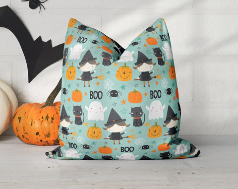 Halloween Witch and Frankenstein Green Pillow Throw Cover with Insert - Cush Potato Pillows