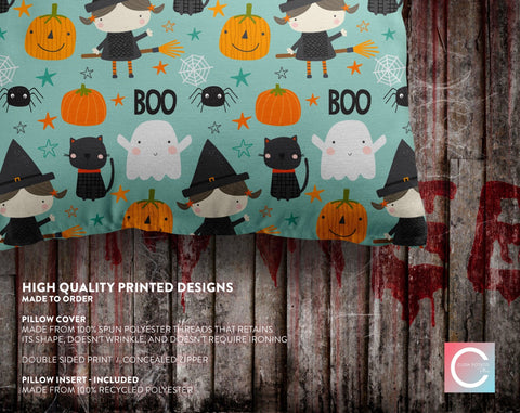 Halloween Witch and Frankenstein Green Pillow Throw Cover with Insert - Cush Potato Pillows