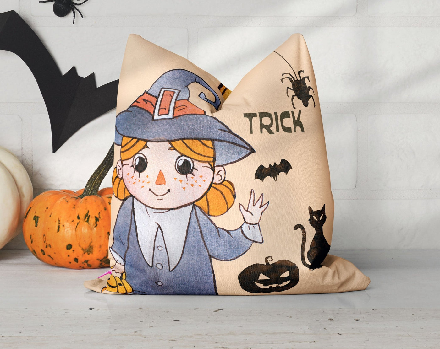 Halloween Witch and Princess Trick or Treat Orange Pink Square Pillow Cover Throw with Insert - Cush Potato Pillows