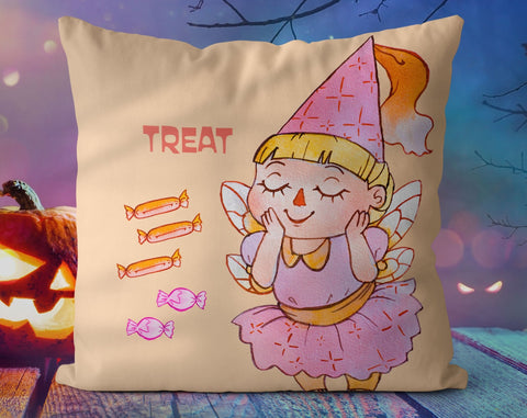 Halloween Witch and Princess Trick or Treat Orange Pink Square Pillow Cover Throw with Insert - Cush Potato Pillows