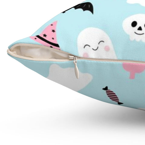 Happy Halloween Shy Ghosts and Bats with Pumpkin and Candy Blue Pillow Throw Cover - Cush Potato Pillows