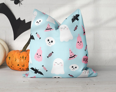 Happy Halloween Shy Ghosts and Bats with Pumpkin and Candy Blue Pillow Throw Cover - Cush Potato Pillows