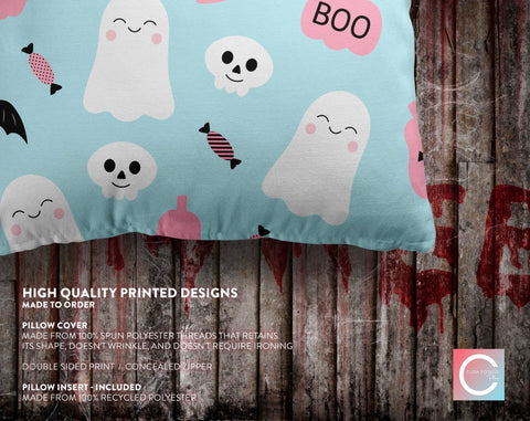 Happy Halloween Shy Ghosts and Bats with Pumpkin and Candy Blue Pillow Throw Cover - Cush Potato Pillows