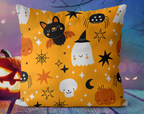 Happy Halloween Shy Ghosts and Bats with Pumpkin and Candy Orange Pillow Throw Cover - Cush Potato Pillows