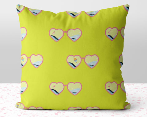 Heart Sunglasses Summer Fun Lemon Lime Square Pillow with Flamingo Popsicle Ocean Accents with Cover Throw with Insert - Cush Potato Pillows