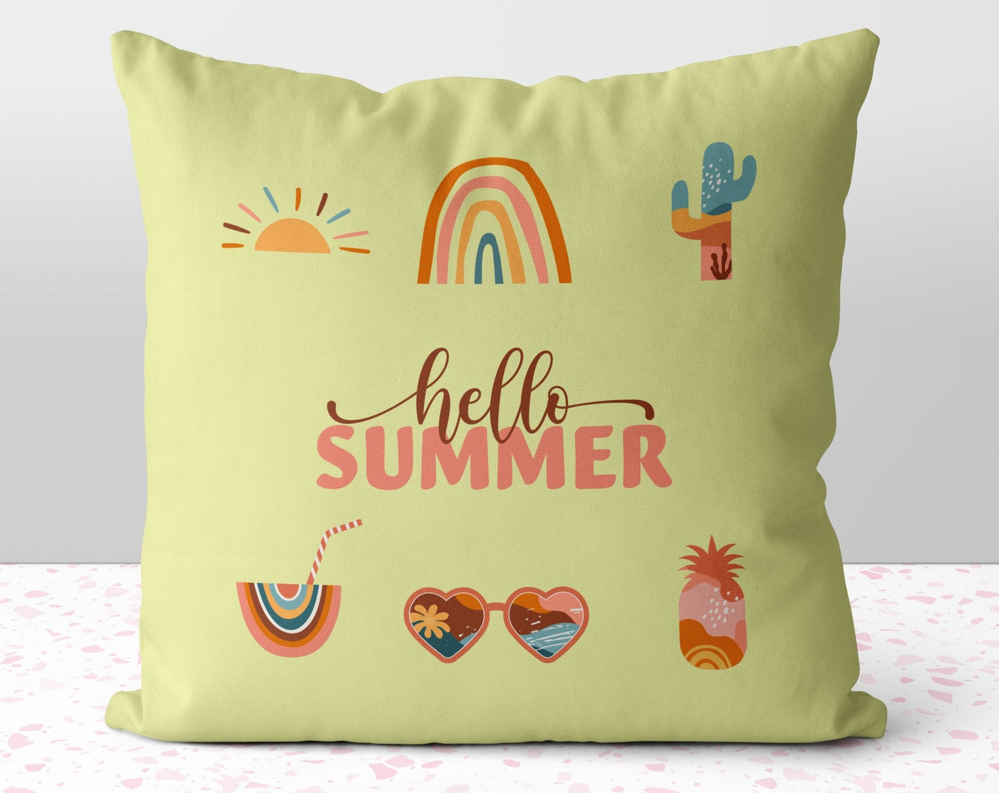Hello Summer Boho Yellow Pillow Throw Cover with Insert - Cush Potato Pillows