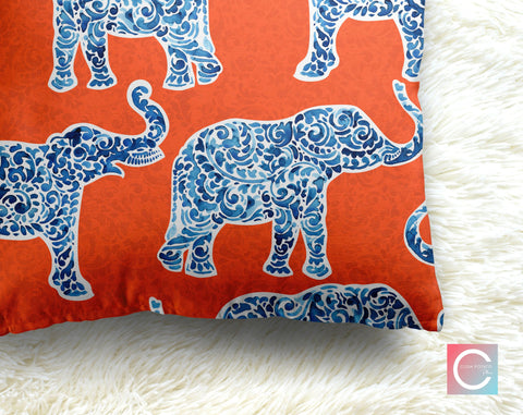Indigo Elephants on Orange Decorative Pillow Throw Cover - Cush Potato Pillows