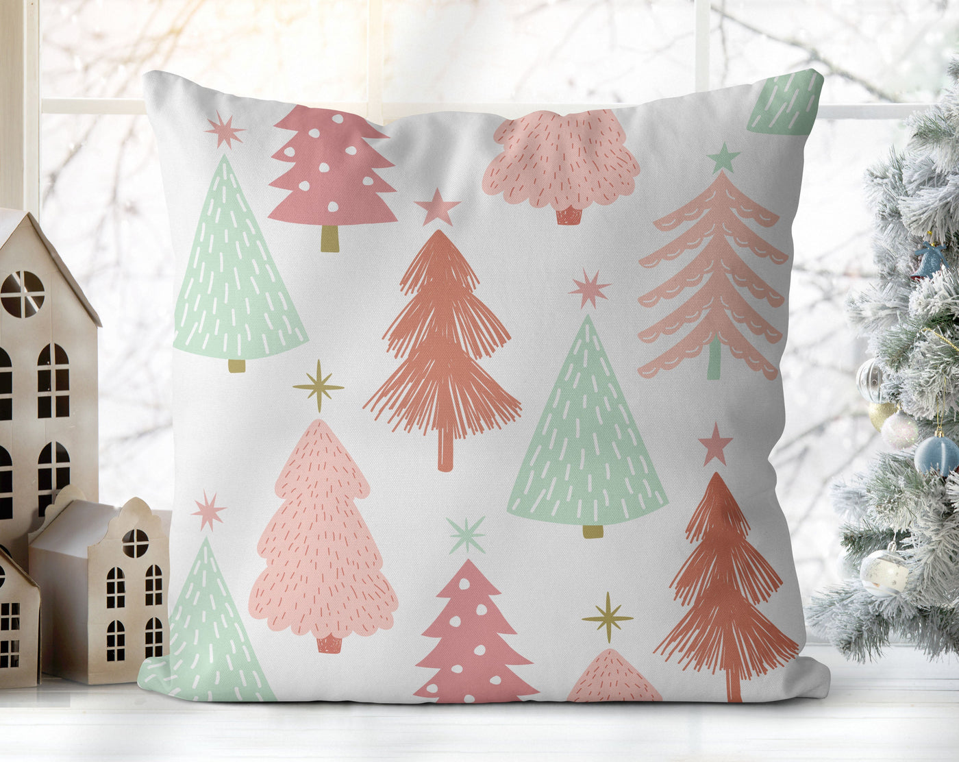 Marvelous Christmas Trees Pink, Green and White Pillow Throw - Cush Potato Pillows