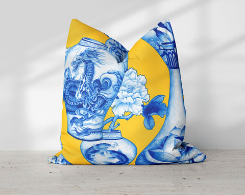 Ming Chinoiserie Chinese Blue Vases on Yellow Pillow Throw - Cush Potato Pillows