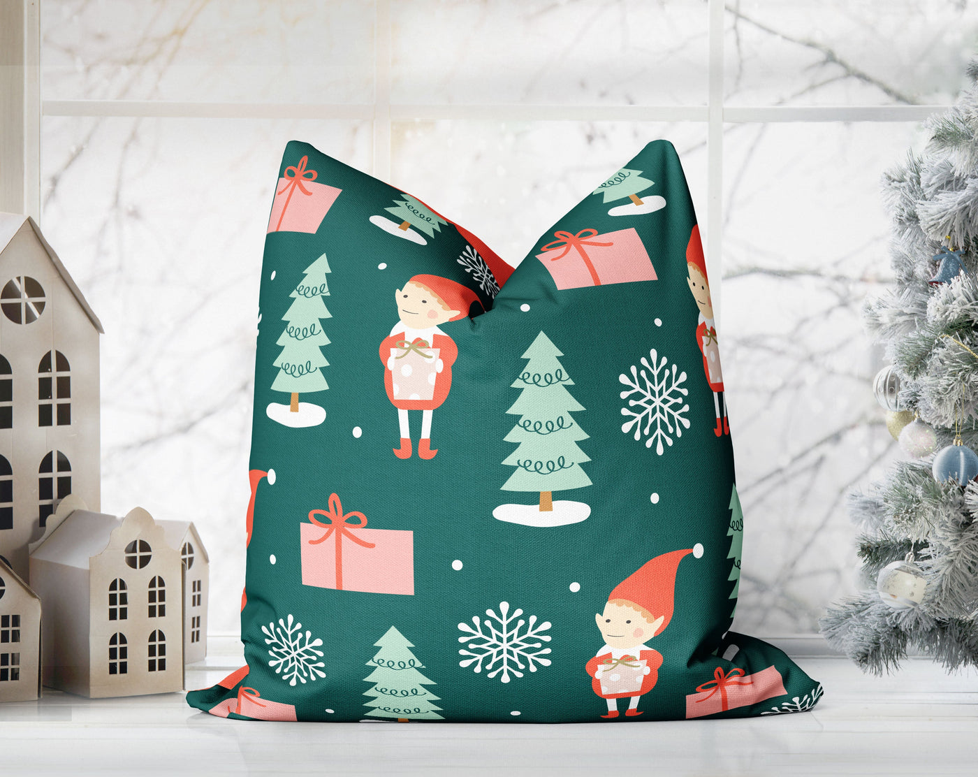 Mischievous Christmas Elves Green and Orange Pillow Throw - Cush Potato Pillows