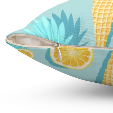 Summer Fun Teal Blue Square Pillow Cover Throw with Ice Cream Cones Pineapple Sunglasses Accents - Cush Potato Pillows