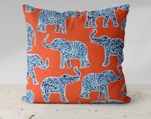 Indigo Elephants on Orange Decorative Pillow Throw Cover - Cush Potato Pillows