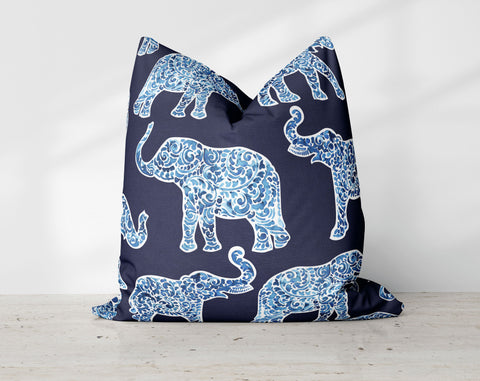 Indigo Elephants on Royal Navy Decorative Pillow Throw Cover - Cush Potato Pillows