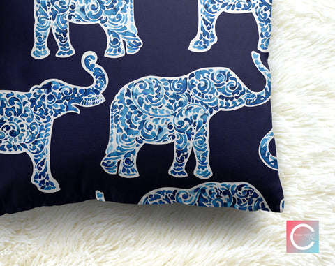 Indigo Elephants on Royal Navy Decorative Pillow Throw Cover - Cush Potato Pillows