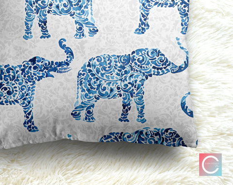 Indigo Elephants on Slate Gray Decorative Pillow Throw Cover - Cush Potato Pillows