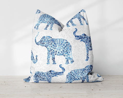 Indigo Elephants on Slate Gray Decorative Pillow Throw Cover - Cush Potato Pillows