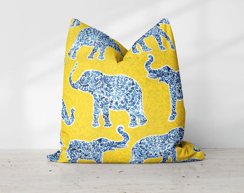 Indigo Elephants on Yellow Decorative Pillow Throw Cover - Cush Potato Pillows