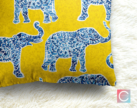 Indigo Elephants on Yellow Decorative Pillow Throw Cover - Cush Potato Pillows