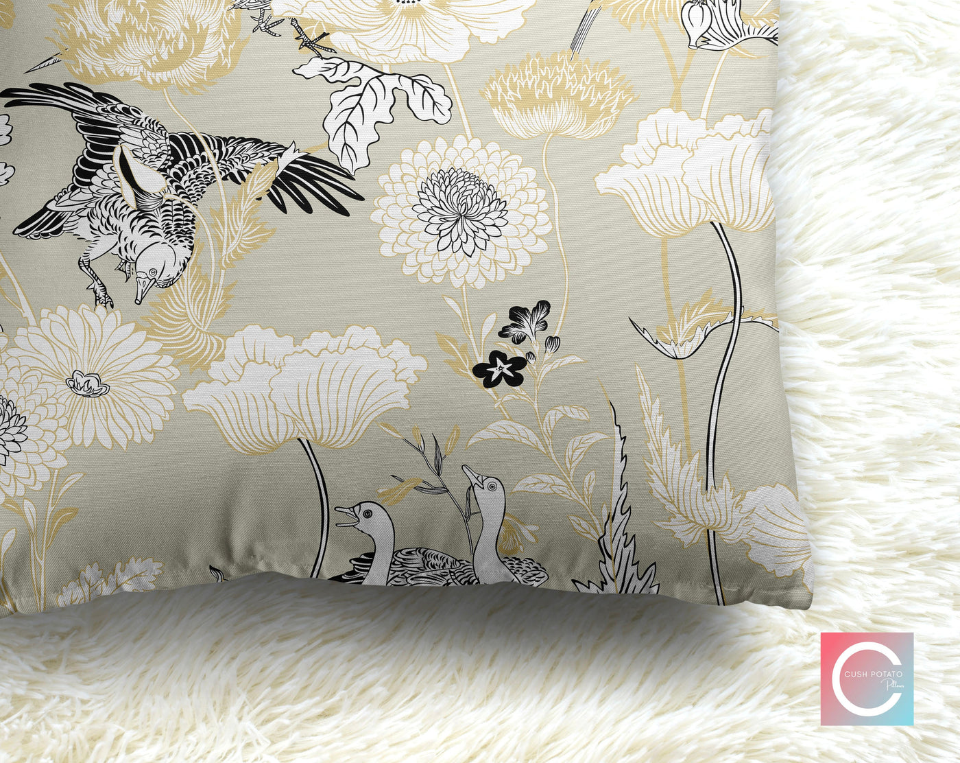 Kazumi Chinoiserie Sand Beige Decorative Pillow Throw Cover - Cush Potato Pillows