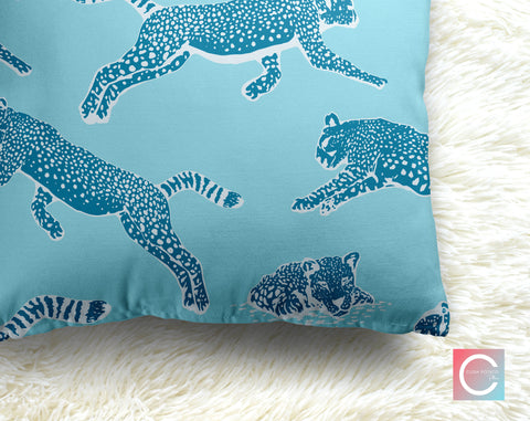 Leaping Leopards Cotton Candy Blue Decorative Pillow Throw Cover - Cush Potato Pillows