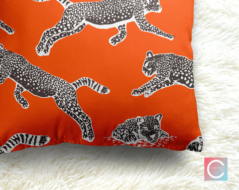 Leaping Leopards Orange Decorative Pillow Throw Cover - Cush Potato Pillows