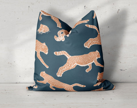 Leaping Leopards Royal Navy Blue Decorative Pillow Throw Cover - Cush Potato Pillows