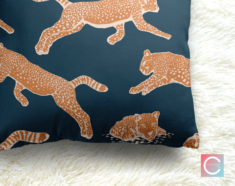 Leaping Leopards Royal Navy Blue Decorative Pillow Throw Cover - Cush Potato Pillows