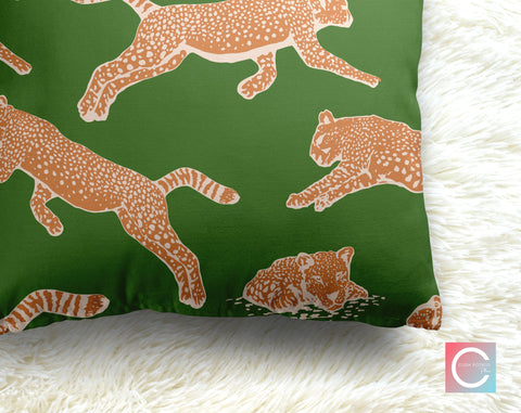 Leaping Leopards Sage Green Decorative Pillow Throw Cover - Cush Potato Pillows