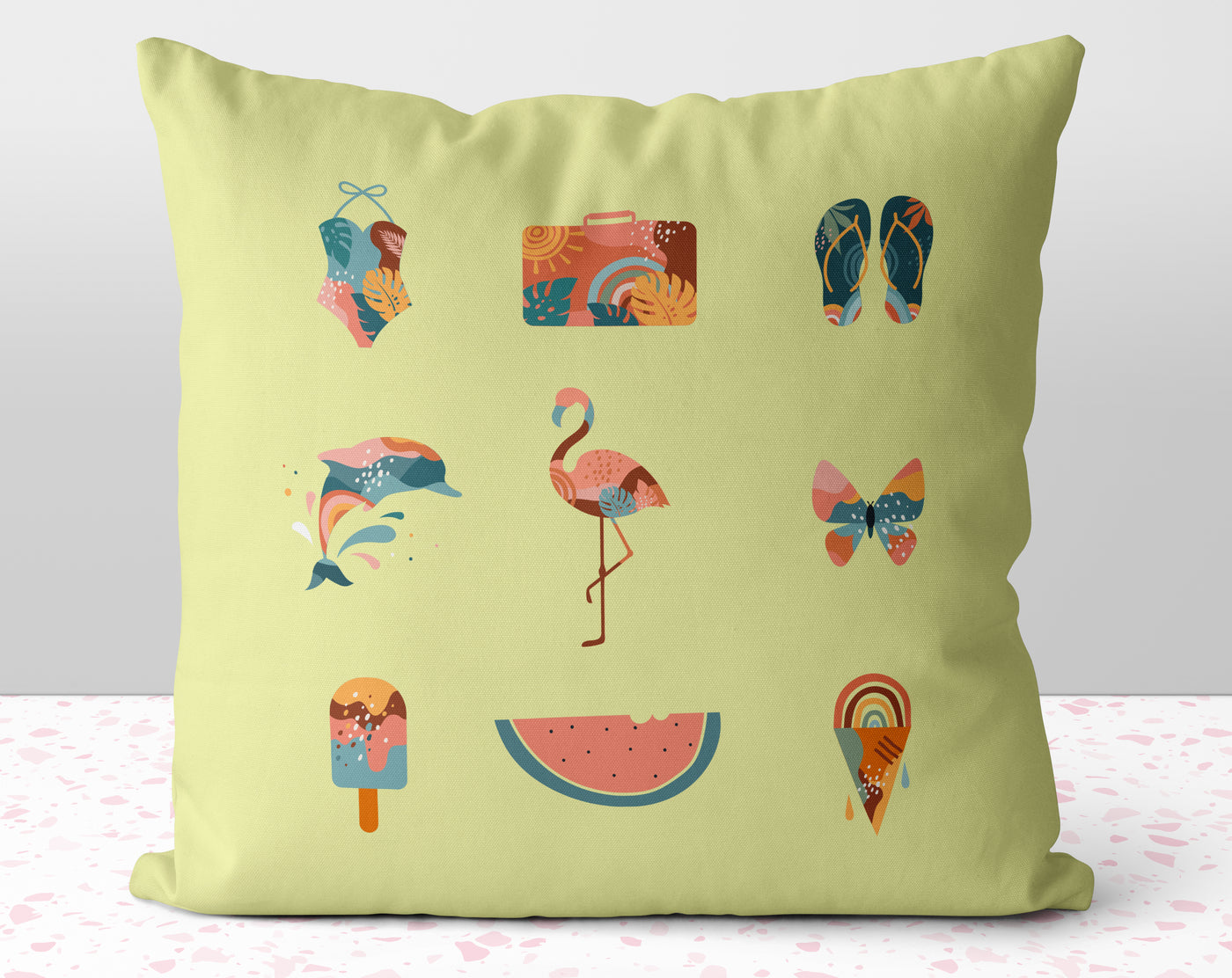 Boho Summer Yellow Square Pillow Cover Throw with Flamingo Dolphin Popsicle Watermelon Accents Cover