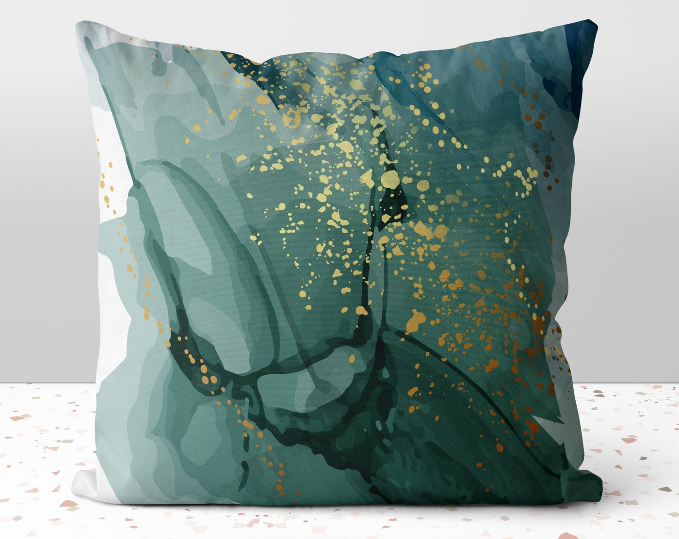Abstract Emerald Green Square Pillow with Gold Printed Accents with Cover Throw with Insert - Cush Potato Pillows