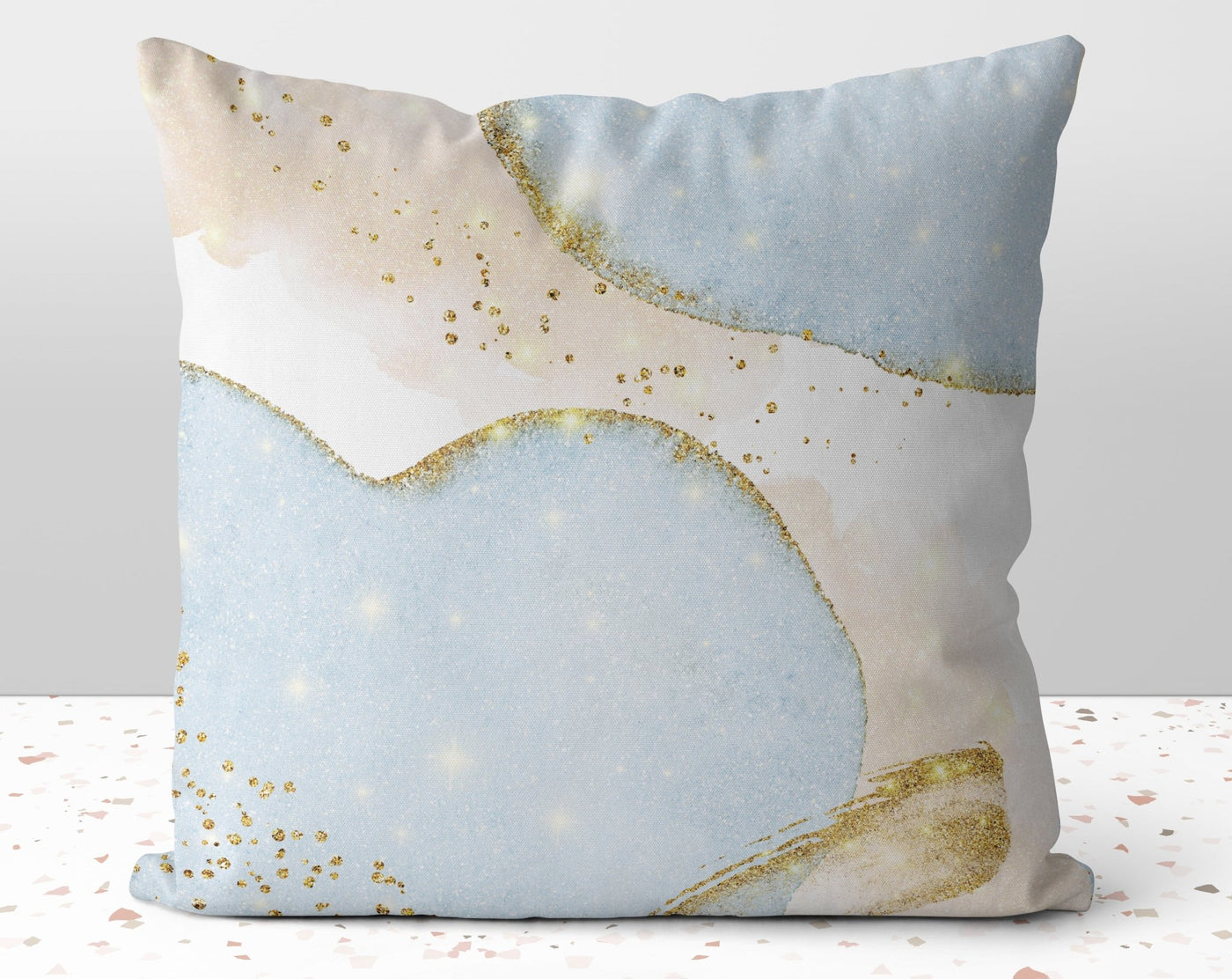 Blissful Chic Vanilla Blue with Gold Printed Accents Pillow Throw Cover with Insert - Cush Potato Pillows
